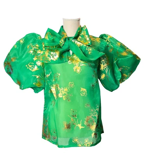#A117 Nancy Sheer Luxe Green & Gold Organza Puff Sleeve Top NWT L - Picture 5 of 14
